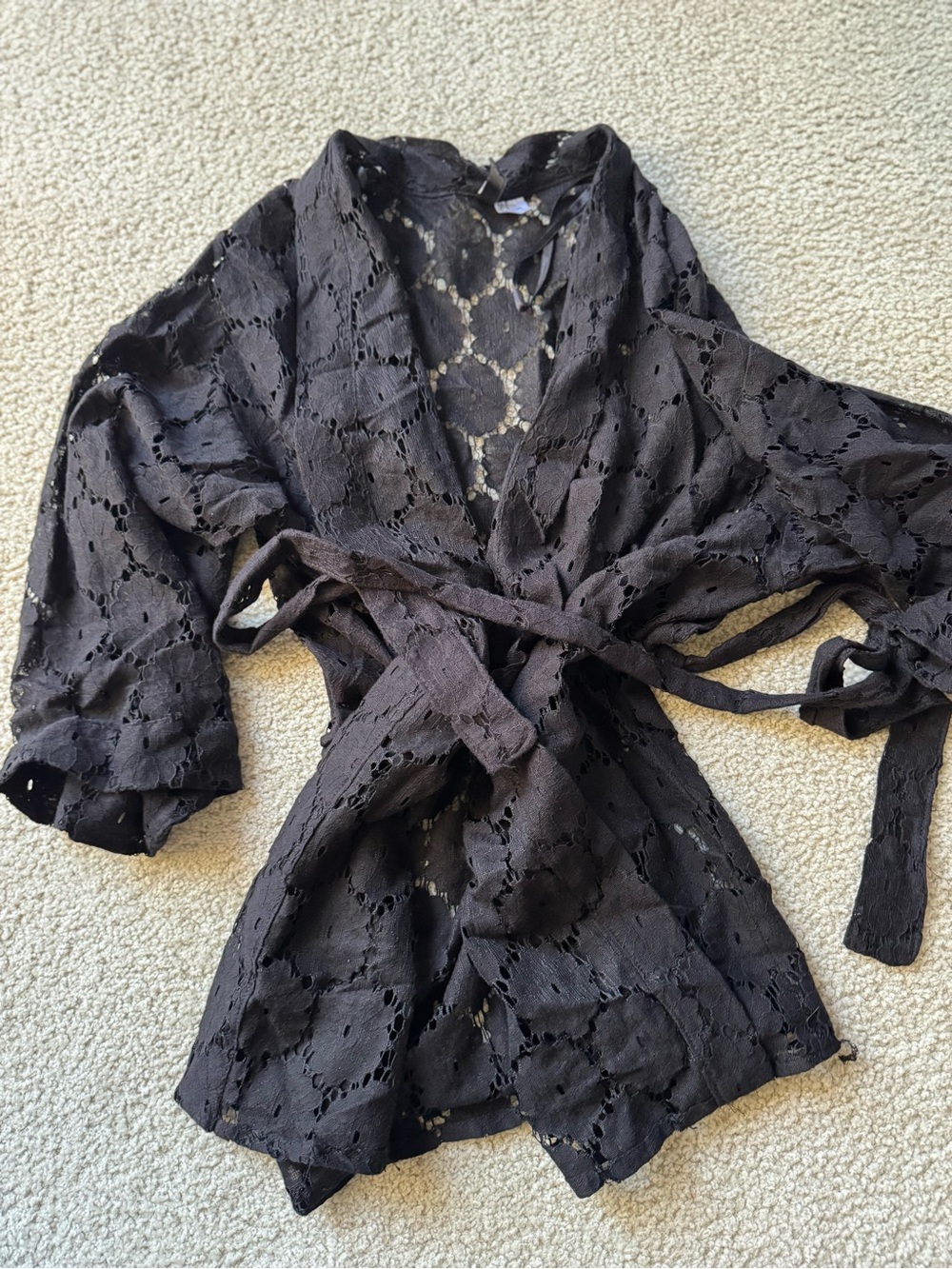 H&M Black Lace Kimono Cover-Up with Waist Tie sexy y2k